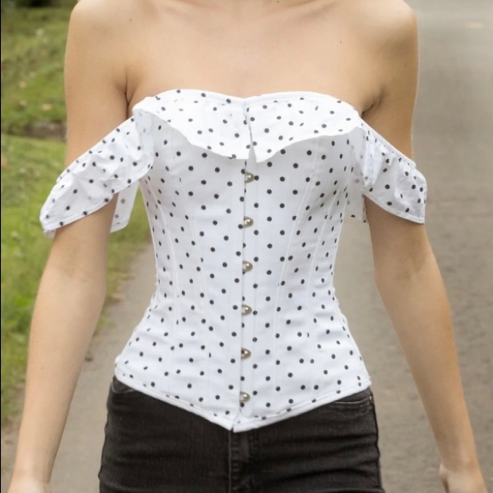 Corset Story POLKA DOT STRAIGHT CORSET TOP WITH OFF THE SHOULDER SLEEVES